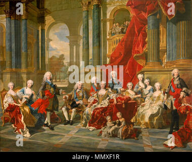 . Español: La Obra muestra Ein los Angemeldet bleiben de La Familia del rey Felipe V de España (1683-1746), Que fue Nieto del rey Luis XIV de Francia y el Primer monarca de La Casa de Borbón en España. Spanisch: La Familia de Felipe V der Familie von Philip V. 1743. Felipe V-Familie Stockfoto