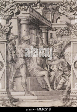 . Englisch: Christi Dornenkrönung, Entwurf für ein Glasfenster. Feder und Tusche und Pinsel über Kreide underdrawing, grau Waschen, 43,1 × 30,8 cm, Kunstmuseum Basel. Dies ist Teil einer Serie von zehn Entwürfe von Holbein für Glasfenster mit der Darstellung der Passion Christi. Es ist unbekannt, ob Holbein zog andere Bilder für die Serie oder ob diese Designs, die aus einer Zeit nahe, dass, wenn die Reformer angegriffen Kirche Bilder in Basel Datum, wurden durchgeführt. Der Sicht des Designs kann sich auf den vorgesehenen Positionen der Fenster, mit einigen Szenen von unten dargestellt. Hol Stockfoto