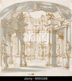 . Englisch: einen vorläufigen Satz Design von Filippo Juvarra für Antonio Caldara oper Tito e Premiere Berenice (Rom, 1714). 1713. Filippo Juvarra (1678-1736) Filippo Juvarra, den Innenhof eines Palastes, Projekt für eine Bühne Stockfoto