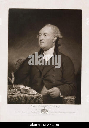 . Schabkunst von Thomas Townshend, 1. Viscount Sydney (1732-1800) Nach einem Portrait von Gilbert Stuart. Die sitter in halber dargestellt ist - Länge, in einem gepolsterten Sessel, verziert mit kleinen Nägeln sitzt, sein Körper ist fast voll - Front mit dem Kopf und Augen drehte sich drei Viertel der Linken. Er trägt einen dunklen Mantel mit Kragen aus Samt, seinen Mantel über der Brust geknöpft, aber unten geöffnet und zeigt eine Weste. Sein Vorrat und Shirt Rüschen sind von weißen Musselin und seine Perücke oder Haar ist gepudert. Sein Gesicht ist plump und seinen Teint "beefy", zum Ausdruck zu bringen seelische und körperliche Aktivität mit Stockfoto