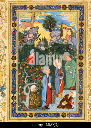 . Englisch: Vier junge Wissenschaftler in Diskussion, unterschrieben von Mohammed Murad Samarqandi, Persien, Safawiden, Buchara, Anfang des 17. Jahrhunderts, privaten Sammlung. Detail. Gouache erhöhte mit Gold auf Papier, innere Grenze von verknüpften geometrischen Kartuschen gefüllt mit gestreckten fließende split Palmetten, die äußeren Ränder in Rot und Gold regiert, mit dichten Verflechtung Laub gefüllt durchsetzt mit Tieren und Figuren reiten, unterhalten und ausgeführt wird, die auf der Karte. Malerei: 19,3 bis 11,4 cm. Blatt: 37,5 bis 26 cm. . 1600-30. Vier junge Wissenschaftler in Diskussion, von Mohammed Murad Samarqandi, Persien unterzeichnet, Detail Stockfoto