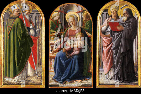 . Englisch: Links: Heilige Augustinus und Ambrosius. Mittlerer Bereich: Madonna und Kind inthronisiert. Rechts: die Heiligen Gregor und Hieronymus. Triptychon. ca. 1437. Fra Filippo Lippi - Triptychon - WGA 13180 Stockfoto