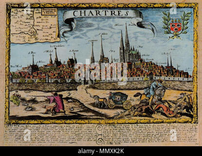 . Français: Tiefdruck du XVIIe siècle représentant en perspective Chartres, Eure-et-Loir (Frankreich). Englisch: siebzehnte Jahrhundert die Gravur von Chartres die Skyline. . Vom 7. März 0002. Unbekannt Frankreich Chartres 17 th-c-Gravur Stockfoto