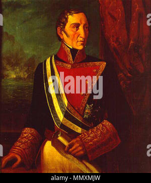 . Español: Retrato del Marino español Francisco Javier De Uriarte y Borja (1753-1842), Que combatió en La Batalla de Trafalgar y llegó a ser capitán General de la Real Armada Española. El retratado aparece de Pie y de Medio vistiendo el cuerpo y uniforme Pequeño de capitán General de la Real Armada, con las abiertas solapas a la Moda de la época de la Reina Isabel II de España. Además, lleva una carta de la mano y Luce en el pecho la cruz de Caballero de la Orden de Santiago y las Bandas y de las Placas ordenes de Carlos III y de San Hermenegildo. Francisco Javier De Uriarte y Borja. 1853. F Stockfoto