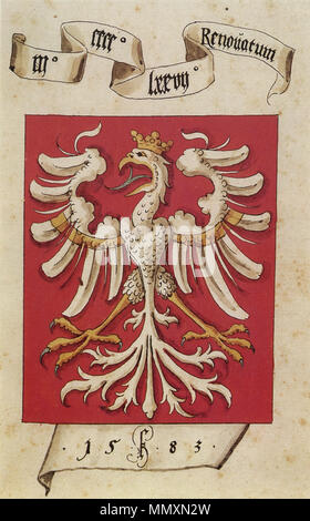 . Darstellung des in der oberen Ratsstube des Frankfurter Römer angebrachten Wappenadlers. Oberes Spruchband: M° CCCC° LXX° VII°[1477] Renovatum. Unteres Spruchband: 15 HF [Künstlermonogramm] 83. Wappen Frankfurt/Main 1583 Stockfoto