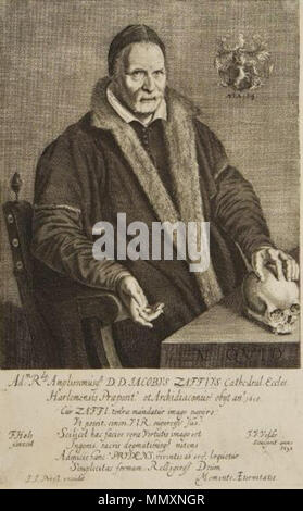 . Englisch: graviert Portrait von Jacobus Zaffius (als katholische Provoost vor 1618) nach Frans Hals; neben seinem Wappen mit der Inschrift AETA. 84'EN QUID' Adm Rda Amplissimusq D.D. JACOBVS ZAFFIUS Kathedrale Eccles. Harlemensis Praposit et Archdiaconiis obyt Ano 1618 Cur ZAFFU tenera mandatur Imago papyro Vt possit cincri VIR supertsse Suo Scilicet hac facios vera Virtutis imago est Ingenio sacris dogmatibusq nitens Adspicis banc PRVDENS viventis ab Orc loquctur Simplicitas formam Relligiog Deum Memento AEternitatis. 1630. F Hals pinxcit; J.V. Velde sculpsit anno 1630; J.J. Proo Stockfoto
