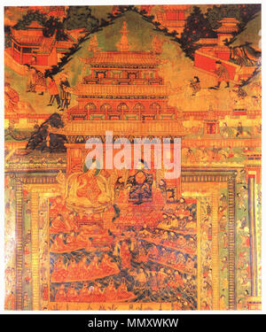 . Englisch: lozang Gyatso, 5 Dalai Lama in einer Audienz bei Kaiser Shunzhi Français: lozang Gyatso, 5e Dalai-Lama, Rencontre l'Empereur sino-mandchou, Shunzhi. 中文: 第五世达赖喇嘛觐见顺治帝，西藏拉萨布达拉宫五世达赖喇嘛享堂司西平措大殿壁画中的一副。 （出自 《 清史图典》） 5. Dalai Lama in ein Publikum mit Shunzhi Stockfoto