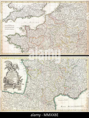 . Englisch: Ein schönes Beispiel für zannoni von 1775 dekorative zwei Karte von Frankreich. Untere blatt Abdeckungen von Valladolid, Spanien, nach Osten so weit wie Piemont und nordwärts bis s Navernois. Northern blatt Abdeckungen aus der Bretagne nach Osten so weit wie die Schweiz und Norden so weit wie Den Haag. Enthält die Channel Islands und der südliche Teil von England und Wales. Eine dekorative Titel Kartusche erscheint in der unteren linken Quadranten des südlichen Platte. Von Zannoni c 1775 Für die Ausgabe als Platte Nr. 4-5 in Jean Lattre die 1776 Ausgabe des Atlas Moderne. La France par Gouvernements Militair divisee Stockfoto