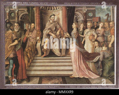 . El texto del Marco Reza: "COLLE SIONA SOLI VENIENS NICAULO SABAEI, SPEM SUPER ET FAMAM GRANDIA FLIEGENFALLE AIT,' (Arriba) y'ALTER LOS SALOMON, PIA REGUM GEMMA PHILIPPUS, UT FORIS HIC SOPHIAE MIRA THEATRA DEDIT" (abajo). La traducción de Este texto, Crón tomado de II 9:5, Würfel: "Llegando desde La Colina Nicaulo, en la tierra de Saba, hasta Sión [Jerusalén], Ella [la Reina de Saba] dijo: "Er visto cosas mucho mayores de lo que habían esperaba y mir contado". Del mismo Modo otro Salomón, Felipe piadosa Joya entre los Reyes, dio aquí Como fuera asombrosas escenas de sabiduría.". Salomón recibe la Re Stockfoto