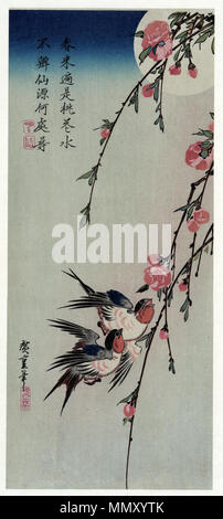 Gekka Momo ni Tsubakura (Mond, Schwalben und pfirsichfarbenen Blüten). ca. 1850. Gekka Momo ni Tsubakura Stockfoto