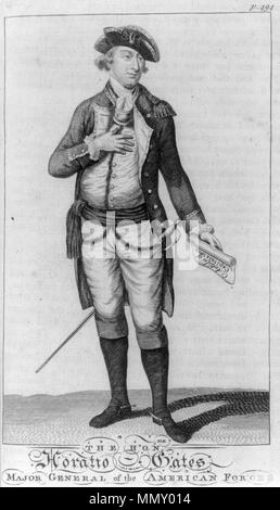 . Deutsch: Das honble. Horatio Gates, Major General der amerikanischen Streitkräfte. Gravur zeigt General Horatio Gates, full-length Portrait, Stehen, Tragen einheitliche, leicht rechts halten Sie mit der Aufschrift "Artikel von Kapitulation.". 1780. Unbekannte General Horatio Gates 1780 Stockfoto