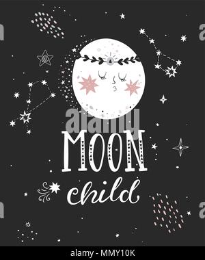 Moon Child Poster mit handgezeichneten Schriftzug. Vector Illustration. Stock Vektor