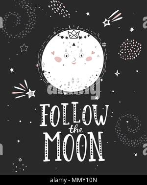 Der Mond Schwarzweiß-Poster mit Vollmond und hand Folgen gezeichnet Schriftzug. Vector Illustration. Stock Vektor