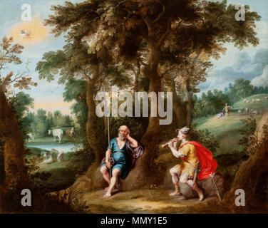 Englisch: bewaldete Landschaft mit Merkur und Argus. zwischen 1626 und 1667. Gerard de la Vallee - bewaldete Landschaft mit Merkur und Argus Stockfoto