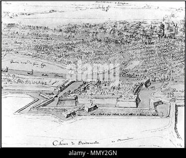 . Englisch: uit een panoramisch gezicht op Gent Detail, met het Spanjaardenkasteel op de voorgrond. Bron: SAG, Atlas Goetghebuer, lade 3/50 b-Tekening van Lieven Cruijl, 1678. 1678. Lieven Cruijl Gent, Belgien, Lieven Cruijl, 1678 Stockfoto