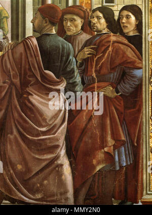 . Selbstportrait: Zweiter von rechts Von links nach rechts: Bruder David Ghirlandaio, Pater Tommaso GHIRLANDAIO, Domenico Ghirlandaio und Schwager Sebastianus Mainardi Ausweisung von Joachim aus dem Tempel detail Links. zwischen 1485 und 1490. Autoritratto Del Ghirlandaio (Secondo da destra) capella Tornabuoni. Stockfoto