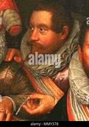 . Englisch: Portrait von Gillis De Wildt in das Festmahl der Offiziere der Sankt Adrian Civic guard in Haarlem 1618, detail Nederlands: Portret van Gillis De Wildt in Officieren van de Kloveniersdoelen, Haarlem 1618, das Festmahl der Offiziere der St. Adrian Miliz Unternehmen in 1618. 1618. Gillis De Wildt - Details der Cloveniers 1615-1618 von Cornelis Engelsz Stockfoto