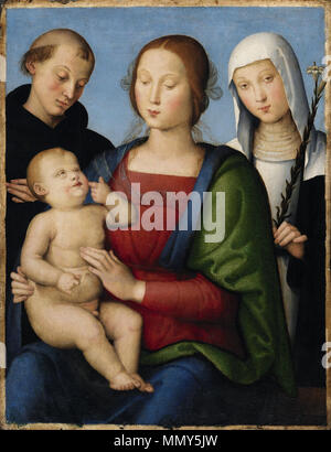 Die Jungfrau und Kind mit Heiligen Nikolaus von Tolentino und Katharina von Siena Giovanni di Pietro da Pisa-La vergine e il Bambino con i Santi Nicola e Caterina Stockfoto