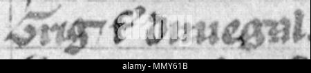 . Englisch: Ein Auszug aus Folio 30v von Lat. 4126 (die Chronik der Könige von Alba). Der Auszug bezieht sich auf Giric, König der Pikten (gestorben 889?). Eine Transkription dieser Auszug wird auf Seite 131: Skene, WF, Hrsg. (1867). Chronik der Pikten, Chroniken der Schotten und andere frühe Denkmäler der schottischen Geschichte. Edinburgh: 1234567 Allgemeine Register Haus. Die Umschrift lautet: "grödiger Filius Dunegal'. . 14. Jahrhundert. Unbekannte Giric (Lat. 4126, Folio 30v) Stockfoto