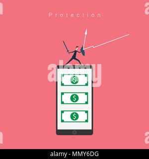 Minimalistischer Stil. vector Business Finance. Schutz mobile Banking und Geld-Konzept mit Symbol der Geschäftsmann Schwert und Schild, Symbol Führung, Stock Vektor