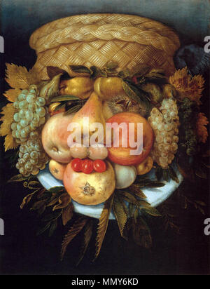 Reversible Kopf mit Obstkorb. ca. 1590. Giuseppe Arcimboldo - umkehrbar Kopf mit Obstkorb - WGA 00844 Stockfoto