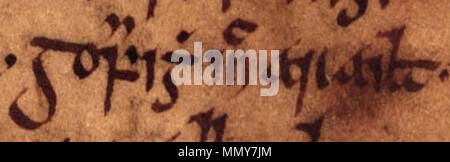 . Englisch: Ein Auszug aus Folio 15r von Oxford Bodleian Library MS Rawlinson B 488 (Geschichte der Tigernach): 'Gofraidh mac Arailt'. Der Auszug bezieht sich auf Mac Gofraid Arailt, König der Inseln (gestorben 989). . Zwischen dem 14. und 17. Jahrhundert. Unbekannte Gofraid mac Arailt (Oxford Bodleian Library MS Rawlinson B 488, Folio 15r) Stockfoto