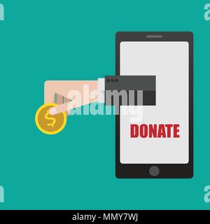 Nächstenliebe, spende Konzept. Geld mit Handy Spenden. Online Zahlung mit Smartphone. Unternehmen, Finanzen. Eps 10 Vector Illustration. Flat Style. Stock Vektor