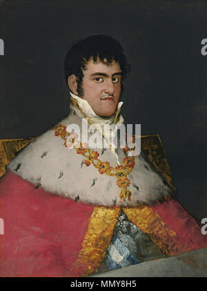 . Englisch: Ferdinand VII (1784-1833) wurde zweimal König von Spanien: im Jahr 1808 und von 1813 bis 1833. Español: Fernando VII de España (Fernando VII de Borbón, 1784 - 1833) Porträt von Ferdinand VII. zwischen 1814 und 1815. Francisco de Goya - Retrato de Fernando VII. Stockfoto