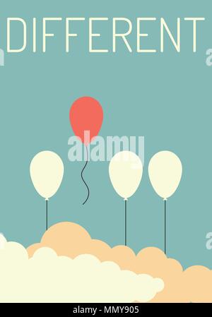 Minimalistische Retro Stil. Heben Sie sich von der Masse ab und anderes Konzept, eine rote Ballon fliegen weg von anderen weißen Luftballons. Vector Illustration Stock Vektor