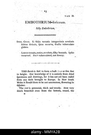 . Dies ist eine Seite von James Edward Smith's'' ein Muster der Botanik von New Holland, der erste separat veröffentlicht Buch über die Flora von Australien. Das Original ist in der Öffentlichkeit durch sein Thema mit einem großen vor vielen Jahren gestorben. Der Scan ist neu, aber da es sich um eine sklavische Kopie einer zweidimensionalen Arbeiten, und da die in den Usa durchgeführt wurde, es ist auch in der Public Domain. Ein Muster der Botanik von New Holland - S. 25 Stockfoto