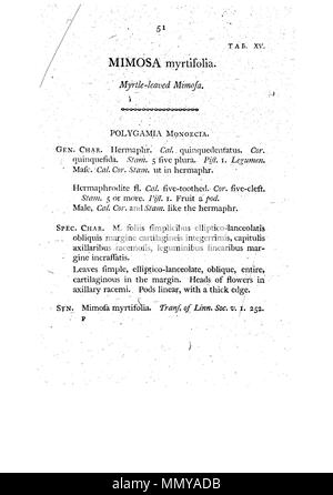 . Dies ist eine Seite von James Edward Smith's'' ein Muster der Botanik von New Holland, der erste separat veröffentlicht Buch über die Flora von Australien. Das Original ist in der Öffentlichkeit durch sein Thema mit einem großen vor vielen Jahren gestorben. Der Scan ist neu, aber da es sich um eine sklavische Kopie einer zweidimensionalen Arbeiten, und da die in den Usa durchgeführt wurde, es ist auch in der Public Domain. Ein Muster der Botanik von New Holland - S. 51 Stockfoto