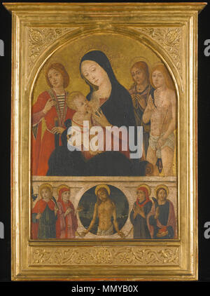 . Englisch: GUIDOCCIO COZZARELLI, Siena 1450-1516, die Madonna mit Kind und Heiligen Julian den HOSPITALISCHEN, Rochus und Sebastian, UNTER DEN TOTEN CHRISTUS IN EINER LANDSCHAFT, die, flankiert von Heiligen Kosmas, Damian UND ZWEI ANDEREN MÄNNLICHEN HEILIGEN, auf einer alten Label auf der Rückseite bezeichnet: Guidoccio Gozzarelli Madonna/Jesú Bambino e Tre Santi./Questo quadritto esisteva nella Galleria/del fu Signore Francesco Lombardi/di Firenze e cio attesta Scritto il Sotto/Sekretär testamentario/del fu ** Sig F Lombardi/Lodovico Metzger, Tempera auf Holz, Gold, gewölbter Deckel, 43,8 bis 31,2 cm. . 25 Januar 2013, 10:49:0 Stockfoto