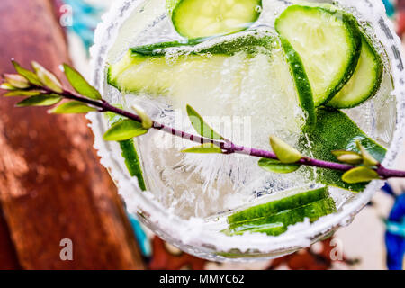 Gin Tonic Cocktail mit Gurkenscheiben und Eis. Beverage Konzept. Stockfoto