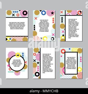 Set kreativer universal design in Memphis Stil. Hintergründe mit abstrakten Elementen. Vorlagen für Poster, Karten, Flyer, Broschüre und verschiedenen Desig Stock Vektor