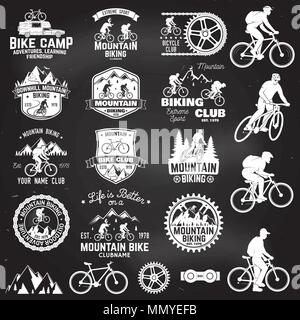 Satz von Mountain Bike clubs Emblem mit Design Element. Vector Illustration. Konzept für Kopf Abzeichen, T-Shirt, drucken. Mountainbike Mann reiten auf Bik Stock Vektor