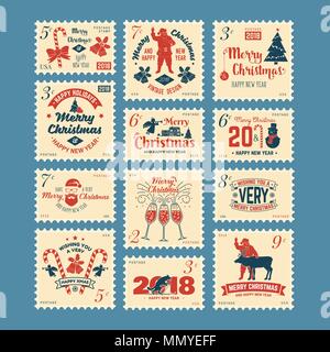 Frohe Weihnachten und ein glückliches Neues Jahr 2018 retro Briefmarke mit dem Weihnachtsmann, Weihnachtsbaum, Geschenke und Rentier. Vector Illustration. Stock Vektor