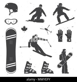 Satz von Wintersportausrüstung, Skifahrer und Snowboarder Silhouetten. Vector Illustration. Sammlung gehören Helm, Snowboard, Gläser, Stiefel und glov Stock Vektor