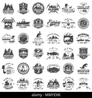 Sommer Camp, Mountainbiken, Angeln und Alpine Club. Vector Illustration. Satz von Vintage Plaketten, Etiketten, Silhouetten. Vintage Typografie Sammlung w Stock Vektor