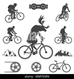 Satz von Radfahren Mountainbike Symbole. Set gehören Hirsch reitet ein Fahrrad, mens auf dem Mountain bikings und Fahrrad. Vector Illustration. Extreme MTB spo Stock Vektor