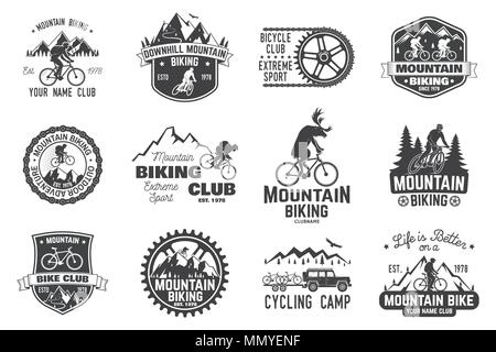 Satz von Mountain Bike clubs Sammlung. Vector Illustration. Konzept für Kopf Abzeichen, T-Shirt, Druck, Stempel oder Radtouren Tourismus. Vintage Typografie Desig Stock Vektor