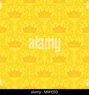 Royal nahtlose Muster. Krone und floralen vintage Maßwerk auf gelbem Hintergrund. Stock Vektor