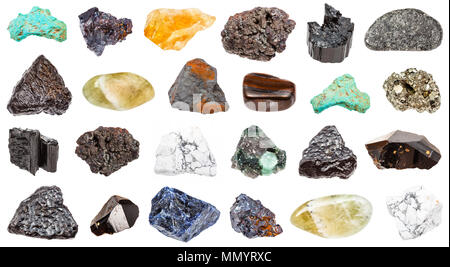 Sammlung von verschiedenen Mineralien auf weißem Hintergrund: kassiterit, peridotite, jaspillite, prasiolite, Türkis, Cuprit, Türkis, howlite, cit Stockfoto