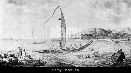 . Englisch: 'Ein Blick auf die Insel Otaheite mit mehreren Schiffen, dass die Insel' (Hawkesworth, 1773, II: pI. 4). Tahiti, Gesellschaft Inseln, während der ersten Reise Captain  Cook's. Der Hund sitzt unterhalb der Junge im Bug. Wie üblich, eine zugelassene Seefahrtzeit Hahn ist auch in der Bild. . Ca. 1773. Edward Rooker, nach Sydney Parkinson. Ein Blick auf die Insel Otaheite mit mehreren Schiffen dieser Insel, C. 1773 Stockfoto