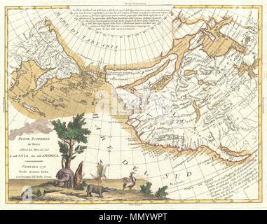 . Englisch: Eine außerordentlich beeindruckende Beispiel von Antonio Zatta map's 1776 der nordwestlichen Teile von Amerika und die nordöstlichen Teile von Asien. Diese Karte ist eine der begehrtesten und dekorative 18. Jahrhundert pre-Cook Karten des Pazifischen Nordwestens jemals herausgegeben. Deckt die Region von der Hudson Bay und die Region der Großen Seen nach Westen so weit wie Sibirien und Japan, Nord gut in die Arktis, und nach Süden so weit wie Cabo San Lucas in Baja California. In diesem atemberaubenden Karte, Zatta, verbindet fast jeder 17. und 18. jahrhundert Mythos und Wirklichkeit des amerikanischen Westens in einer einzigen Karte, bietet eine veritabl Stockfoto