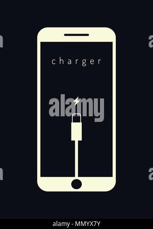 Flat Style Vector Illustration. Mobile Smartphones laden auf dunkelblauem Hintergrund. Telefon mit einer niedrigen Batterieladung und mit USB-Anschluss. Stock Vektor