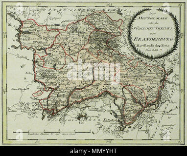 . English: Havelland. - Mittelmark, Landkarte. Kupferstich, ankoloriert, 1791. Von Franz Johann Joseph von Reilly (Verleger, kartograf) und Ignaz Albrecht (kupferstecher). English: 'Der Mittelmark oder des südlichen Theiles von Brandenburg Havellaendischer Kreis'. 1791. Havelland Stockfoto