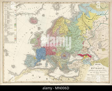 . Deutsch: "Uberlicht von Europa mit Ethnograph...' (ethnographische Karte von Europa) in "Dr. Heinrich Berghaus Physikalischer Atlas, Gotha, 1855 (Karte datiert 1855 veröffentlicht.) Fine steel Karte mit original Hand Farbe eingraviert, codiert auf die Taste oben links. Leichte alter Browning um Kanten, Falten und geschlossene reißen nur oben rechts, sonst Guter Zustand mit Platte Mark und gute Margen zu neatline. Center-Fach als veröffentlicht. Größe 42 x 31,5 cm. Ref E 3789. 1855. Heinrich Berghaus (1797-1884) Alternative Namen Berghaus, Heinrich Karl Wilhelm Beschreibung deutsche Geograph und Kartograph Dat Stockfoto