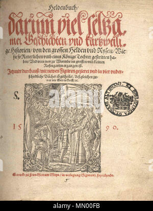 . Englisch: Titelblatt der 1590 Ausgabe der Heldenbuch. Gedruckt von Sigmund Feierabend in Frankfurt-am-Main, mit Holzschnitten von Jost Amman und Virgil Solis. Bibliothek kopieren des Gymnasiums Christianeum in Hamburg. English: Titelblatt des Heldenbuches, Ausgabe von 1590. Gedruckt von Sigmund Feierabend in Frankfurt am Main, mit Holzschnitten von Jost Amman und Virgil Solis. Bibliotheksexemplar des Gymnasiums Christianeum in Hamburg. . 1590 oder früher. Unbekannte Heldenbuch. 1590. Titel Stockfoto