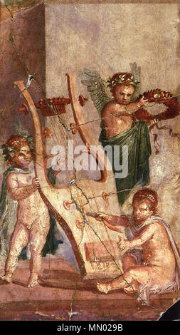 . Englisch: Herculaneum (Kaution) - Amor spielen mit einer Leier. Römischen Fresko von Herculaneum (vielleicht der Basilika) (Detail). English: Herculaneum (Depot) - amoretten spielen mit Lyra. Römisches Fresko aus Herculaneum (vielleicht sterben Basilika) (Ausschnitt). . 15. März 2009. WolfgangRieger Herculaneum - Leier und Amoretten Stockfoto