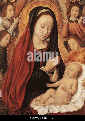 . Englisch: Madonna und Kind liebte durch Engel Eichenholz, 38,5 x 29,5 cm Mus้es Royaux des Beaux-Arts, Brüssel. ca. 1490. Jean Fouquet (Fl. ca. 1480 - 1500) Alternative Namen Jean Heu, Jean Fouquet, Jehan de Paris, Meister von Moulins, Meister der Bourbonen, Jean Prévost (?) Beschreibung Französische Maler und illuminator Datum der Geburt / Tod 15. Jahrhundert nach 1505 Arbeit Zeitraum ca. 1480-1500 Arbeitsort Nordfrankreich (ca. 1480-1500), Lyon (1471-1497) (?) Kontrolle: Q 1268739 VIAF:?:? ISNI 65306105 0000 0000 8251 6385 ULAN:?? n 500145637 LCCN: 80081639 NLA:? 35902588 WorldCat Hey Maddonna Stockfoto